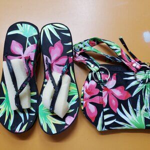 Tropical print flip flops and bag